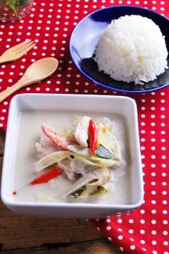 Rice ,stuffed omelette and tom kha kai ,chicken with coconut milk soup. Stock Photos