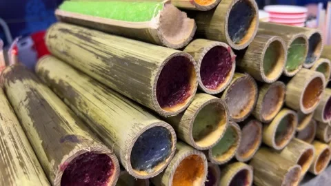 Rice sweets Beech scrolls with multi-colored rice Stock Footage 284917404