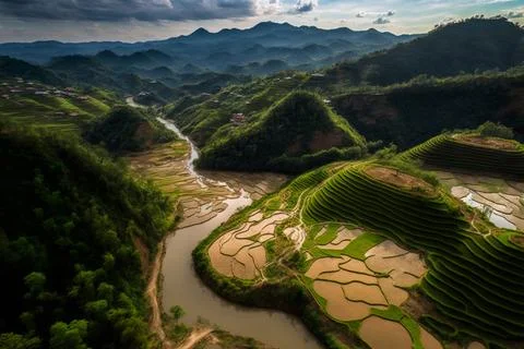 Rice terraces in a distant valley Stock Illustration