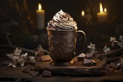  Rich and creamy hot chocolate, topped with a tempting swirl, served in an... Stock Photos