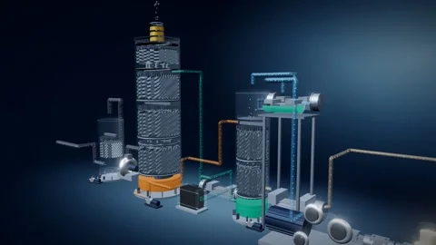 Rich and lean solvent circulate through a transparent absorber regenerator and 스톡 동영상 344545504