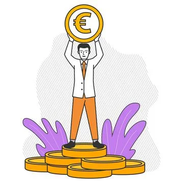 Rich businessman stands on a stack of gold coins.A man with a euro coin. Stock Illustration