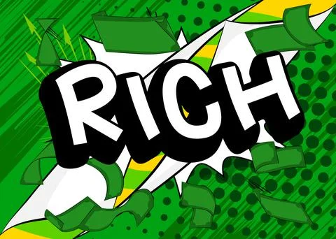 Rich. Comic book word text on abstract comics background. Retro pop art style Stock-Illustration