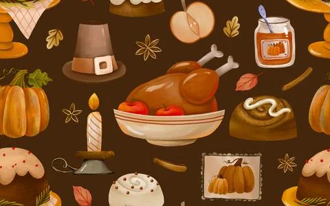 Rich dark seamless pattern decorated with Thanksgiving turkey, pumpkins, pi.. Stock Illustration