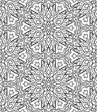 Rich decorated calligraphic outlined stroke monochrome seamless pattern. Vect Stock Illustration