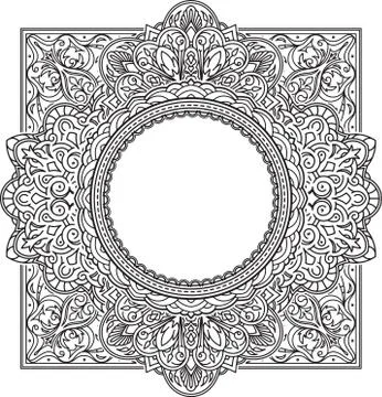 Rich decorated square frame pattern with round centre. Vector decorative back Stock Illustration