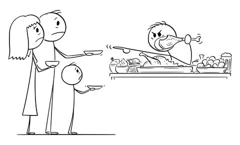 Rich Eating Person Refusing to Share Food With Hungry People, Vector Cartoon Stock Illustration