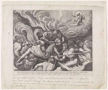 . The rich man in hell. He is plagued by hellish flames, demons and devils... Foto stock