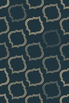 Rich navy grounds repeating arabesque outlines in warm gold and taupe, crea.. 스톡 일러스트