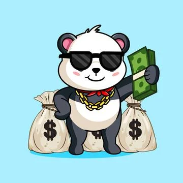 Rich Panda Holding a Stack of Cash with Money Bags Behind Stock Illustration