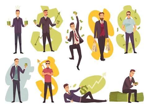 Rich people flat cartoon comic elements set, millionaire man money vector Illustrazione stock