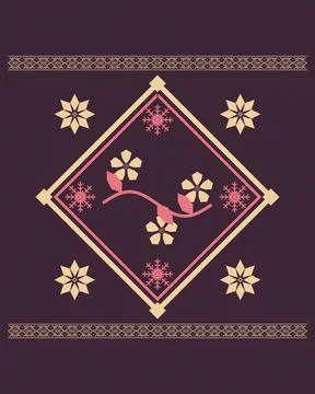 A rich plum composition frames a central diamond ornament with pink flowers.. Ilustração Stock