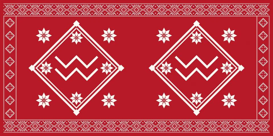 A rich ruby panel combines symmetrical diamond frames, stylized flowers, an.. Illustrazione stock