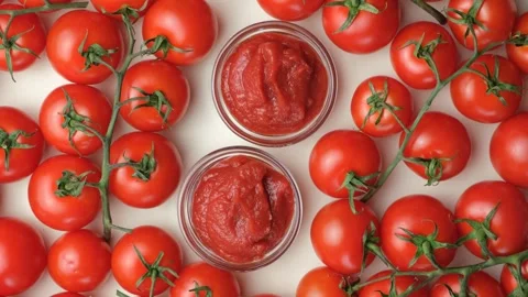 Rich Tomato Paste in Bowls. Ingredient for Homemade Meals. Top View Stock Footage 315907864