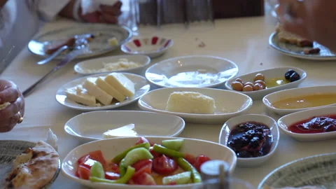 Rich traditional Turkish breakfast table with cheese and olives Stock Footage 341743331