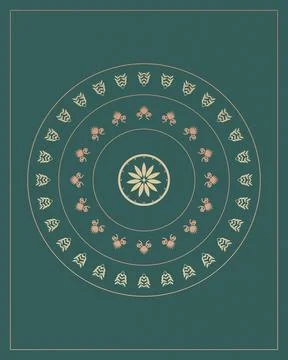 A richly balanced mandala arranges leafy and coral botanical symbols in con.. Ilustração Stock