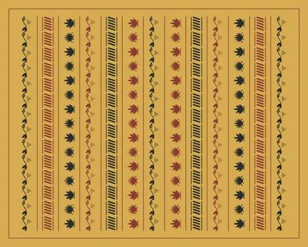 A richly colored folk pattern repeats vertical botanical, striped, and geom.. Illustrazione stock