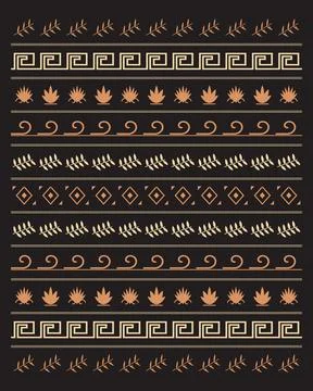 A richly organized collection of repeating leaves, waves, Greek keys, diamo.. Illustrazione stock