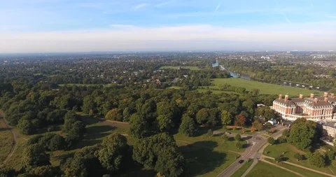 Richmond Park Natural Reservation And Thames River Aerial View Stock Footage