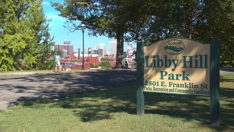 Richmond VA Tranquil Libby Hill Park Signage with Dog Walking Video stock 83769006