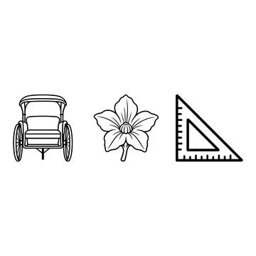 Rickshaw flower and triangle ruler icons in black outline Stock Illustration