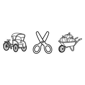Rickshaw scissors and wheelbarrow with pumpkins line art icons Illustrazione stock
