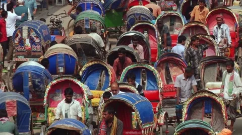 Rickshaws traffic jam at the central part of the city in Dhaka, Bangladesh. Stock Footage 48168477