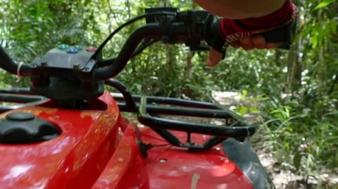 Ride ATV in the jungle focus handlebar Stock Footage
