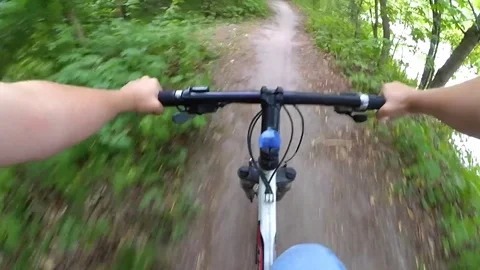 Ride a bicycle in the woods on a dirt road. Stock Footage