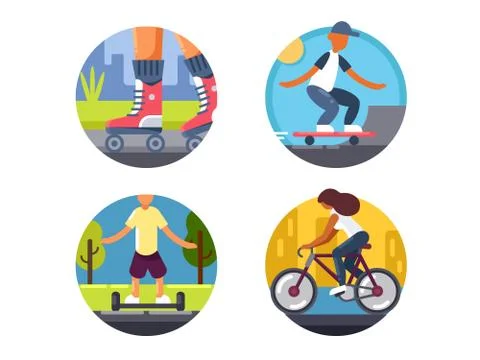 Ride bicycles or roller skate icons set Stock Illustration