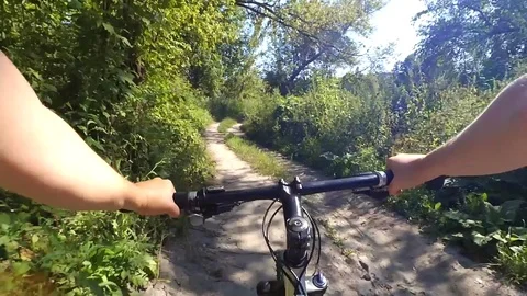 Ride a bike through the forest in the summer day Stock Footage