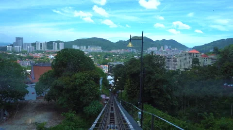 Ride on cable car road on Penang hill, Georgetown, Malaysia. View from inside. Stock Footage