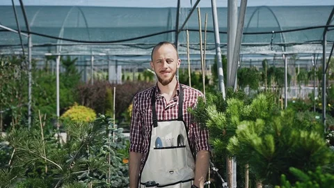Ride the camera. The bearded gardener looks and smiles at the camera. A sunny Stock Footage 90958010