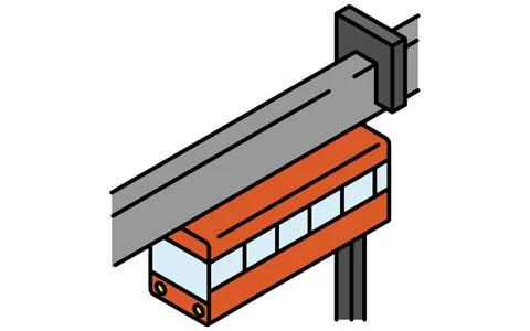 Ride icon, simple and cute isometric line drawing icon of a suspended monorai Stock Illustration