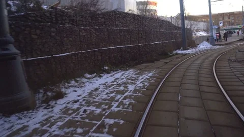 Ride on the modern tram through road junction Stock Footage 84452203