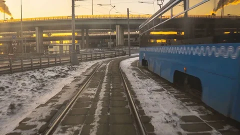 Ride on the modern tram through road junction, time lapse Stock Footage 84454196