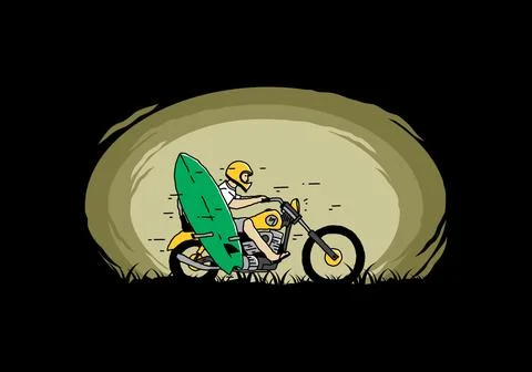 Ride motorcycle with surfing board illustration Stock Illustration