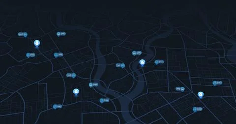 Ride share availability map with user and vehicle pins. Dark mode night Illustrazione stock