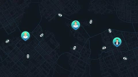 Ride sharing app background with user avatars and moving vehicles on dark 库存插图