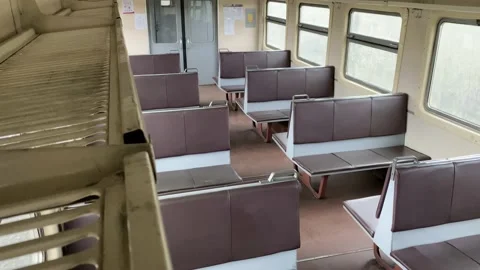 Ride on a suburban electric train in an empty car Video stock 131447404