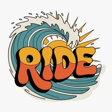 Ride Text with Wave, Sun and Sea – Retro Surf Vector Design Stock Illustration