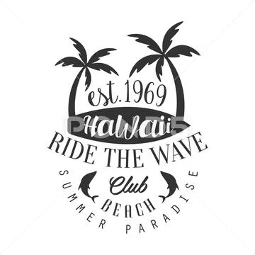 Ride the wave Hawaii beach club, summer paradise logo template, black and white Stock Illustration