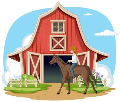 Rider Approaching Rustic Red Barn Stock Illustration