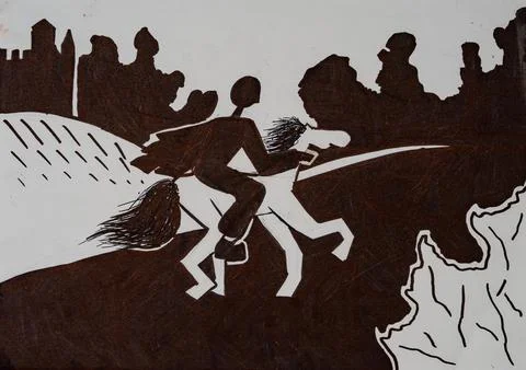 Rider gallops through a silhouette landscape at dusk in a painted artwork Ilustración de archivo