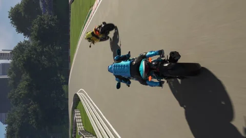 Rider using a blue motorbike in the modern speed racing simulator pc game Stock Footage 288117738