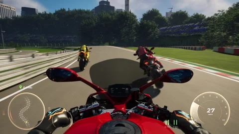 Rider using a quick red motorbike on a digital track of a racing simulator Vídeo Stock 305928662