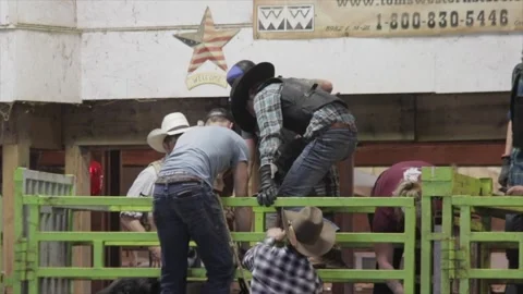 Riders getting ready for a rodeo Stock Footage 156114383