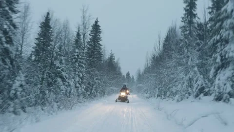 Riders, Snowmobiling, Snow, Forest Stock Footage 301506574