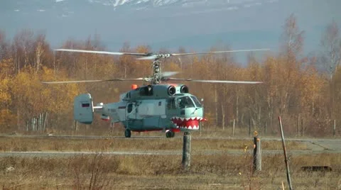Ridiculously looking helicopter prepares for take-off for sea investigation Video stock 20521060