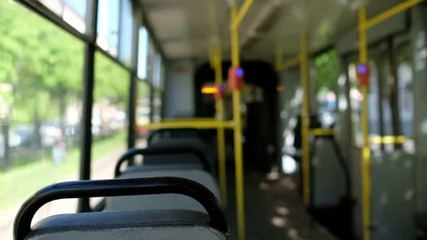 Riding in the almost empty city tramway on summer day Stock Footage 76679885